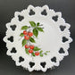 Westmoreland Milk Glass Decorative Plates with Hand Painted Violets,  Cherry Blossom, and Fruit.  Set of Four Plates with Reticulated Rim.