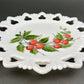 Westmoreland Milk Glass Decorative Plates with Hand Painted Violets,  Cherry Blossom, and Fruit.  Set of Four Plates with Reticulated Rim.