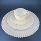 Antique Monax Petalware Opalescent Tea Set Trio. White and Gold Depression Glass Tea Cup, Saucer, Dessert or Salad Plate & Serving Plate.
