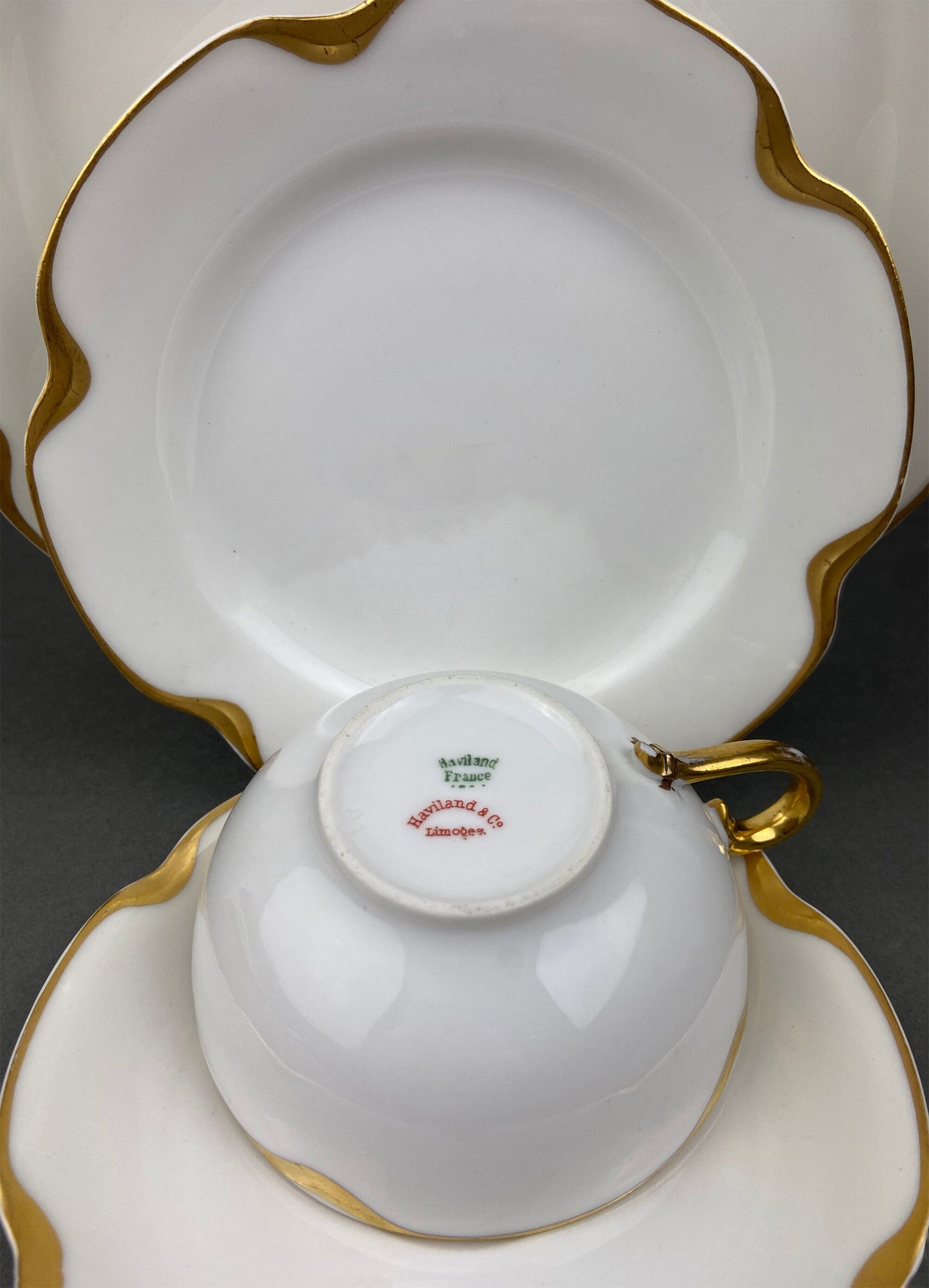 Limoges Haviland Teacup and Saucer, Gold Scalloped Rim, Silver Anniversary Pattern
