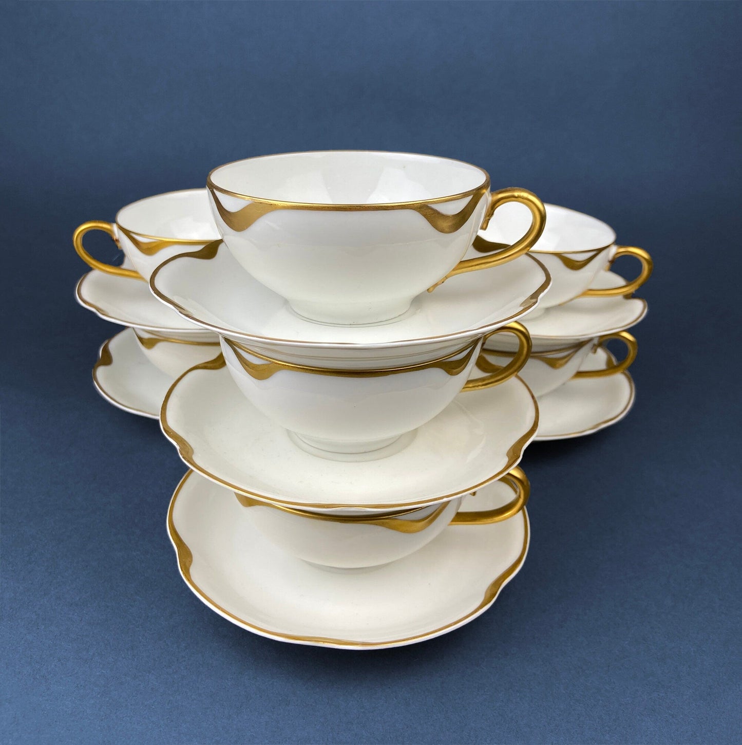 Limoges Haviland Teacup and Saucer, Gold Scalloped Rim, Silver Anniversary Pattern
