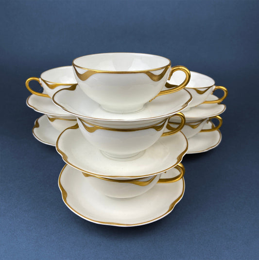 Limoges Haviland Teacup and Saucer, Gold Scalloped Rim, Silver Anniversary Pattern