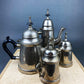 Vintage Metal Coffee Pot, Tea Pot with Creamer & Sugar Bowl with Black Handles. Marked WE B.P.M.S.