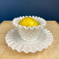Milk Glass Serving Dish with Plate. Hobnail Serving Bowl for Dip, Dressing, or Sauce. White Scalloped Rim. Fine Dining. Collectible.