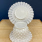 Milk Glass Serving Dish with Plate. Hobnail Serving Bowl for Dip, Dressing, or Sauce. White Scalloped Rim. Fine Dining. Collectible.