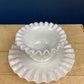Milk Glass Serving Dish with Plate. Hobnail Serving Bowl for Dip, Dressing, or Sauce. White Scalloped Rim. Fine Dining. Collectible.