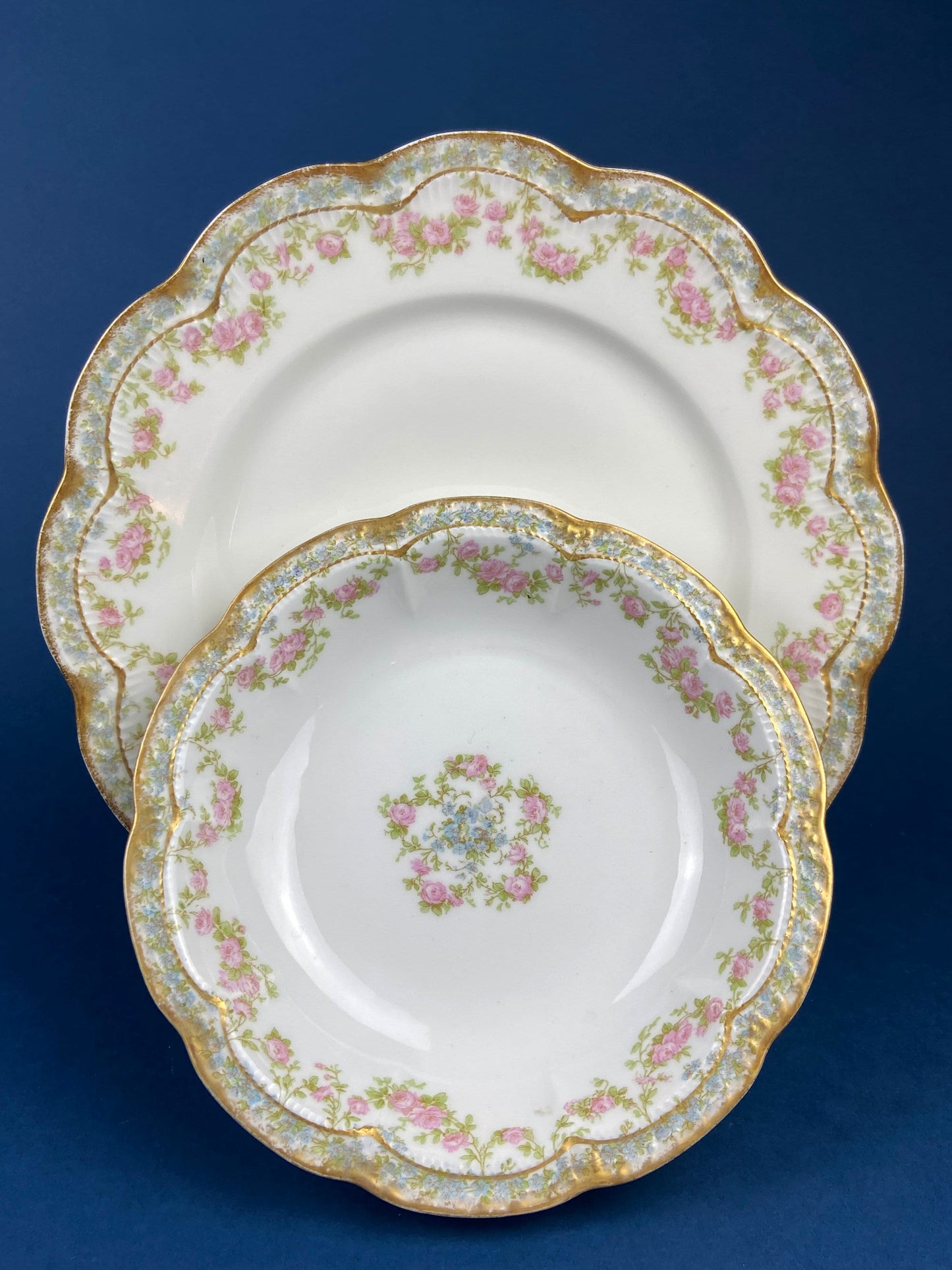 Dinner or Salad Plates, Antique Limoges Elite Porcelain Set of Two Hand-Painted Rose Garlands and Scalloped Gold Rim. MF. & Co.