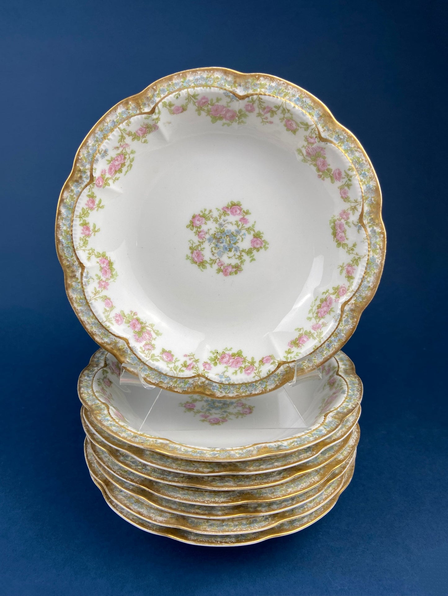 Dinner or Salad Plates, Antique Limoges Elite Porcelain Set of Two Hand-Painted Rose Garlands and Scalloped Gold Rim. MF. & Co.