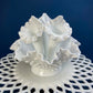 Milk Glass Three Horn Epergne Flower Vase. Fenton, Hobnail Vase & Bowl Combined. Table Centerpiece with Ruffled Rim.