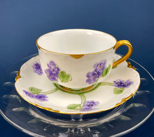 Antique Tea Cup and Saucer with Violets. Hand-Painted Porcelain by Haviland, France. Violet Clusters Motif. Highly Collectible.