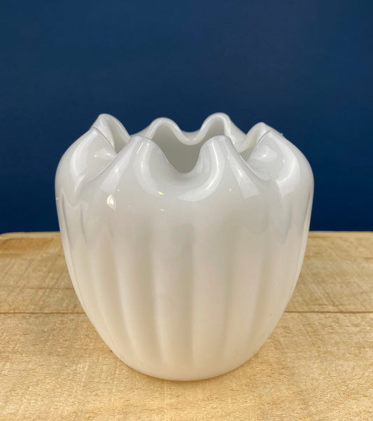 Milk Glass Planter or Vase. Vintage White Flower Pot with Ribbed Pattern and Pinched Rim. Window Sill Herbal Garden.