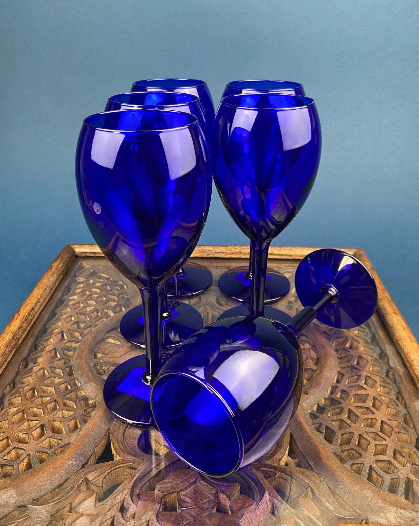 Cobalt Blue Wine Glasses.  Set of Six Stemware. Dark Blue Modern Glasses. Holiday Celebration.