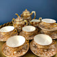 Antique Japanese Moriage Tea Cup Set. Gold Hand Painted Teaware with Teapot, Sugar Bowl, Creamer, and Six Japanese Tea Cups.