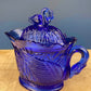 Cobalt Blue Creamer with Swan-Shaped Handle and Lid. Glass Creamer with Embossed Reed and Swans. Collectible Glass. Gift Idea.