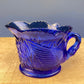 Cobalt Blue Creamer with Swan-Shaped Handle and Lid. Glass Creamer with Embossed Reed and Swans. Collectible Glass. Gift Idea.