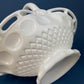 Milk Glass Basket. Large, Pinched Basket with Waffle Pattern, Embossed Circles, and Lacey Edge. Fruit Basket. Table Centerpiece.