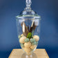 Large Lidded Apothecary with Eggs and Feathers. Alternative Spring/Easter Decor.  Footed, Glass Storage Jar. Table Centerpiece. Shabby Chic.