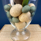 Large Lidded Apothecary with Eggs and Feathers. Alternative Spring/Easter Decor.  Footed, Glass Storage Jar. Table Centerpiece. Shabby Chic.