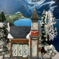Christmas Village Church with Stained Glass Window. Illuminated House of Worship. Holiday Decor. Christmas Celebration.
