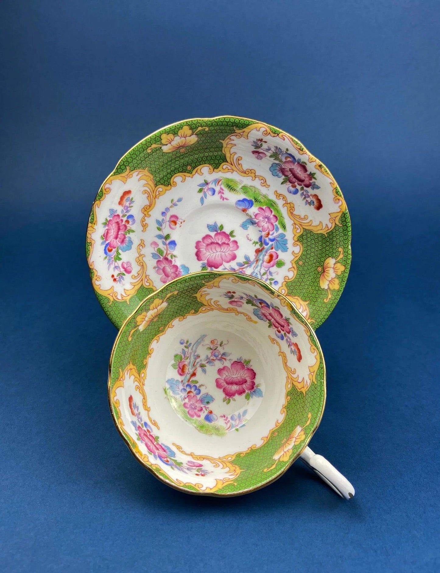 Antique Emerald Green Cup and Saucer, Occupied Japan, Floral Pattern