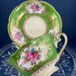 Antique Emerald Green Cup and Saucer, Occupied Japan, Floral Pattern