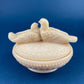 Bowl with Lid Yellow Ceramic Doves on Nest. Kissing Birds on Basket. Dish with Pair of Love Birds.