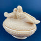 Bowl with Lid Yellow Ceramic Doves on Nest. Kissing Birds on Basket. Dish with Pair of Love Birds.