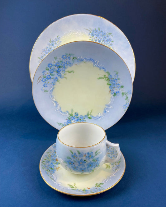 Antique Forget Me Not Porcelain Breakfast Set, Hand-Painted Floral Dishes