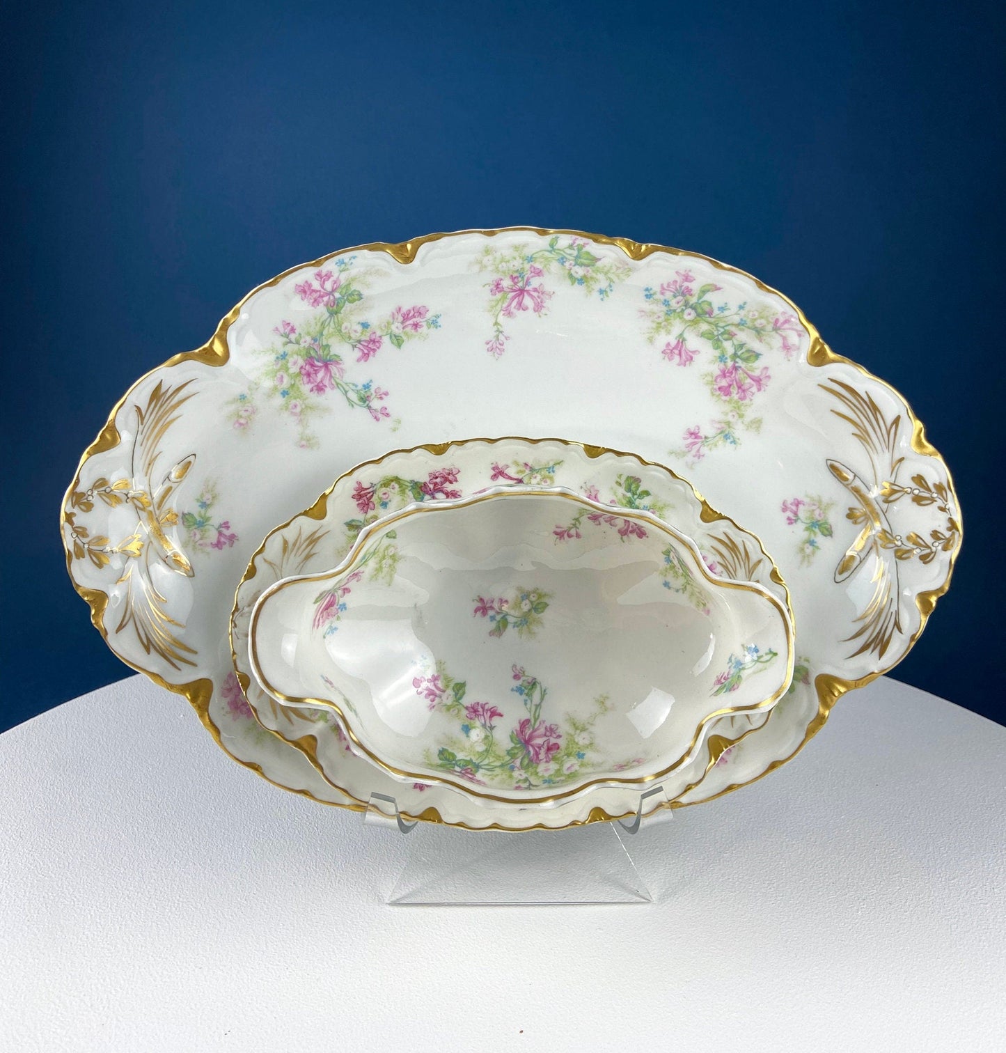 Antique Limoges Trio Tea Set. Floral Motif: Forget-me-nots, Honey Suckle, Roses. Rare Find. French Country Living. Luxurious Dining.