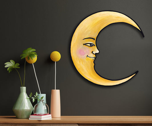 Moon Wall Art Ready to Hang 20" Celestial Crescent Yellow Moon Wall Decor
