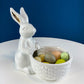 White Porcelain, Cupcake Sized Stand. Climbing Bunnies Detail. Rabbit Themed Table Accessories. Candy Dish, Candle Holder, Modern Farmhouse.