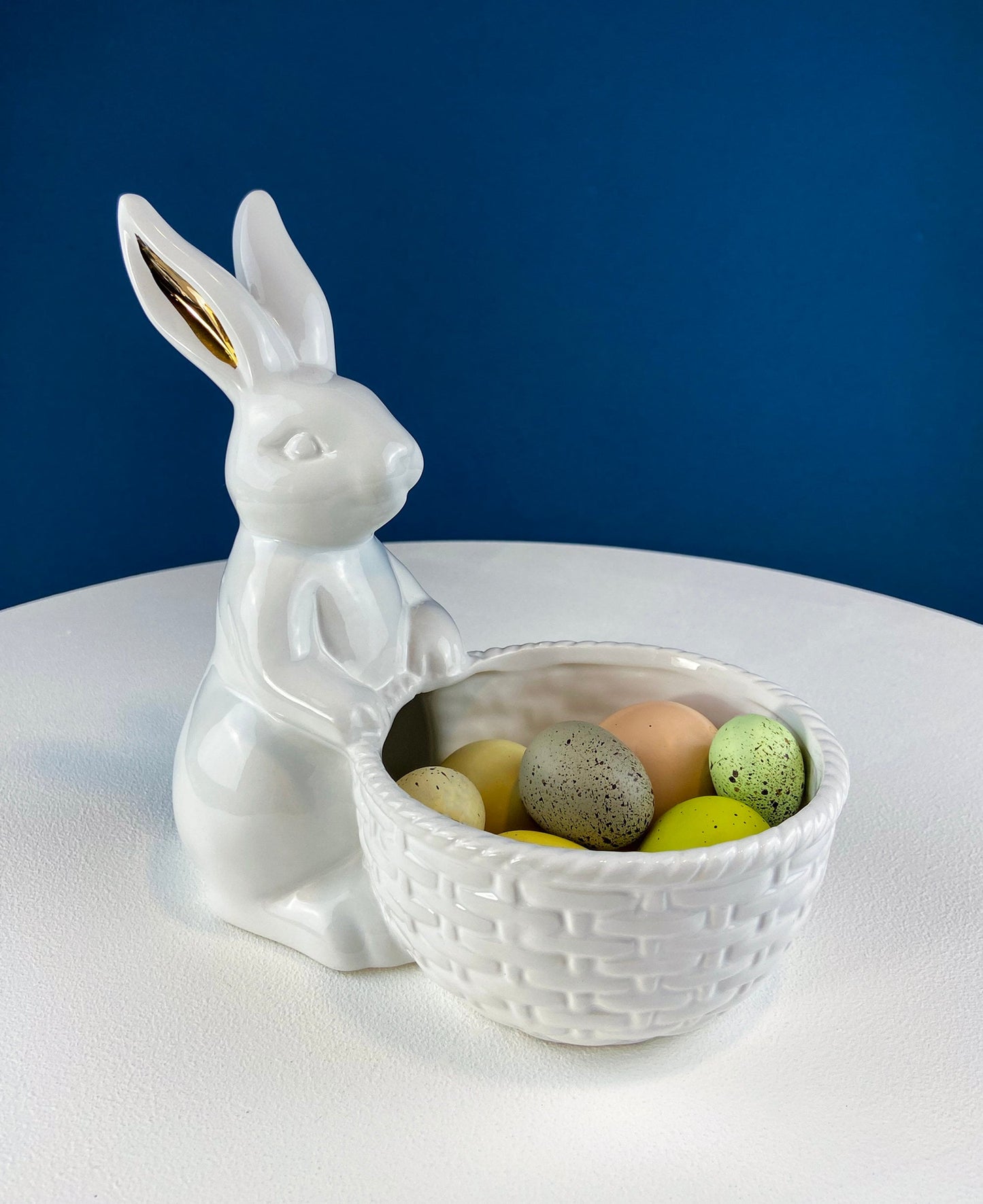 Cute White Ceramic Bunny with Sunflower Basket and Pink Bow. Small Rabbit Planter or Candy Dish. Easter Spring Decor. Table Display.
