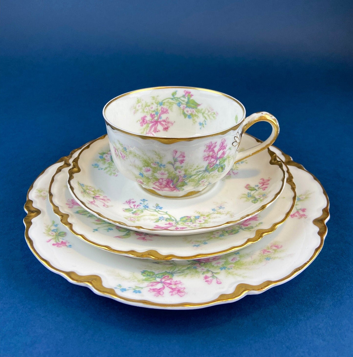Very Light Weight Porcelain Cup and Saucer. M&K Austria. Delicate Rose Garlands and Scalloped Edges. Heart Shaped Handle. Gift for Her.