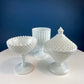Milk Glass Bowl with Lid. Diamond Pattern, Cone Shaped Bowl with Cover. Trinket Compote for Dresser Top, Bathroom Accesories, Candy Dish.
