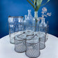 Collection of Rustic, Clear Glass Jars & Bottles with Metal Wire Baskets. Three Sets of Flower Vases or Candle Holders. Modern Farmhouse.