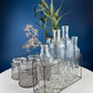 Collection of Rustic, Clear Glass Jars & Bottles with Metal Wire Baskets. Three Sets of Flower Vases or Candle Holders. Modern Farmhouse.