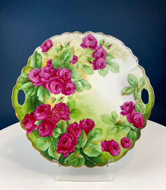 Antique Hand Painted Red Roses Serving or Decorative Plate. Luxurious Dining or Collectible Display. French Country Living. Wedding Gift.