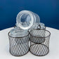Collection of Rustic, Clear Glass Jars & Bottles with Metal Wire Baskets. Three Sets of Flower Vases or Candle Holders. Modern Farmhouse.