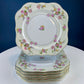 Antique Porcelain Bullion Bowls with Matching Square, 8.5" Dinner Plates. Set of 6. Flower Garlands, Sylvia by F&B Baronet China, Bohemia.