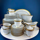 White & Gold Dish Set. Wedding Band China. Sango Spun Gold. Dinner, Salad or Dessert, Soup Plates, Sugar Bowl, Serving Dishes.