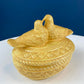Bowl with Lid Yellow Ceramic Doves on Nest. Kissing Birds on Basket. Dish with Pair of Love Birds.