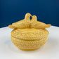 Bowl with Lid Yellow Ceramic Doves on Nest. Kissing Birds on Basket. Dish with Pair of Love Birds.