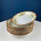 Vintage Dinner Set with Yellow Red Bands Rose Garlands. Kikusui China: 8 Dinner & Salad Plates, 6 Soup Plates, 4 Cups Saucers, Creamer/Sugar