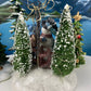 Christmas Village Accessories.  Dressed Christmas Trees by Nikko, Korea. Girl Figurine by Lefton.   Set of Two Trees and Little Girl.