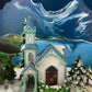 Christmas Village Cedar Valley Chapel Towne Series. Illuminated Blue Church with Stained Glass Window. Santa's Workbench. Night Light.