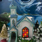 Christmas Village Cedar Valley Chapel Towne Series. Illuminated Blue Church with Stained Glass Window. Santa's Workbench. Night Light.
