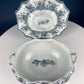 Antique Wedgwood Porcelain Tureen. Oval Soup Serving Dish with Black/White Motifs and Reliefs. Scalloped Edges. Family Dining. Holiday.