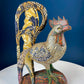 Set of 2 Wooden Hand Carved Rooster Figurines. Wood with Fabric Inlays & Gold Lines. Modern Farmhouse. Fall Decor. Table Centerpiece. Ethnic