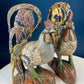 Set of 2 Wooden Hand Carved Rooster Figurines. Wood with Fabric Inlays & Gold Lines. Modern Farmhouse. Fall Decor. Table Centerpiece. Ethnic