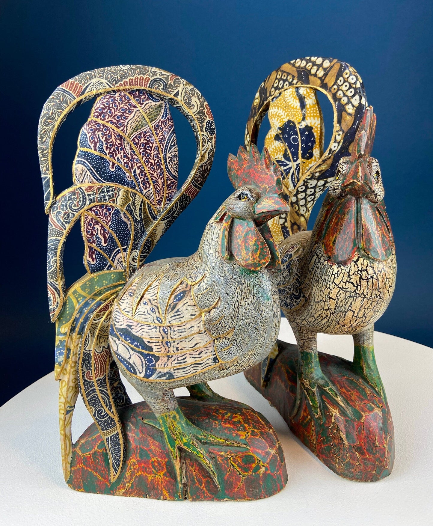 Set of 2 Wooden Hand Carved Rooster Figurines. Wood with Fabric Inlays & Gold Lines. Modern Farmhouse. Fall Decor. Table Centerpiece. Ethnic